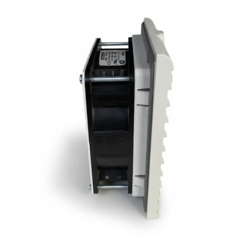 Side view of Ariav 150W 6 Inch Fan With Filter for Control Panel Enclosures 115V 1 Phase 117 CFM, showing quick snap mount.