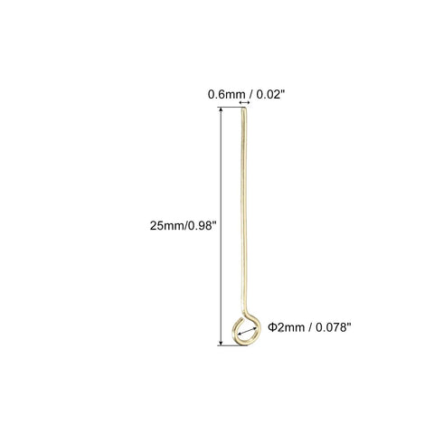 Gold Tone 304 Stainless Steel Eye Pins 200 Pcs Set, 25mm Long, 22 Gauge Open Eye Pins For Jewelry Making DIY Craft Necklaces, Bracelets, Earrings, Beading Links, Bulk Jewelry Findings close-up with 25mm length and 0.6mm thickness