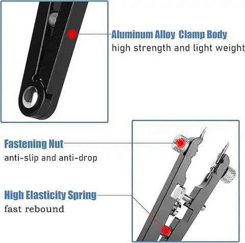 All-In-One Watch Spring Bar Removal Tool Set With Pliers And V Type Pins showing aluminum clamp, fastening nut, and spring features.