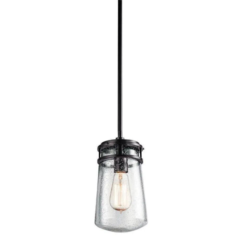 Lyndon 11.75 Inch One Light Pendant in Architectural Bronze with Clear Seeded Glass, hanging with vintage bulb visible.