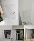 Rock Solid Drywall Access Hatch With Lock Featuring A Heavy Aluminum Frame And Durable Metal Mesh Cover For No Sweat Maintenance Plus Dead Simple Exterior Wall Installation Setup in white wall, showing utilities behind