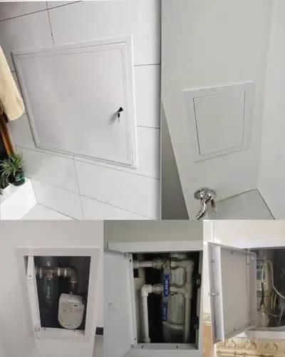 Rock Solid Drywall Access Hatch With Secure Lock And Smooth Inspection Panel For No Sweat Maintenance Plus Tight Vent Cover For Exterior Walls In Garages And Attic Spaces in white, showcasing plumbing access.
