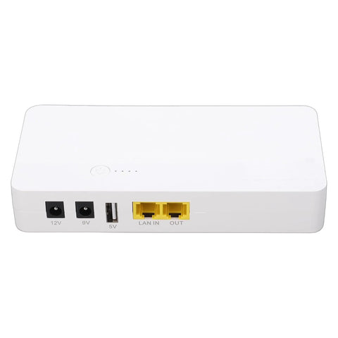 Compact 8800mAh UPS Battery Backup With PoE 24V DC Output showing ports for 12V, 9V, and LAN connections.