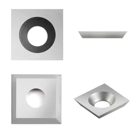 Rock Solid 11mm Square Carbide Roughing Inserts With Mounting Screws For Mini Woodturning Lathes showing four angles of carbide cutter heads.