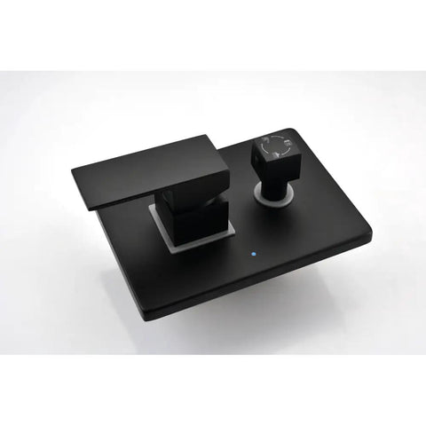 Shower System, 10-Inch Rain Head with Body Jets and Handheld, Matte Black control panel with matte black finish and knobs.