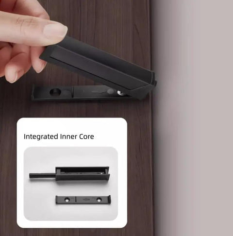 Close-up of a hand holding a 4 Pack Magnetic Push Latch Kit for Hidden Cabinets and Drawers, Push To Open Doors, white finish, core view