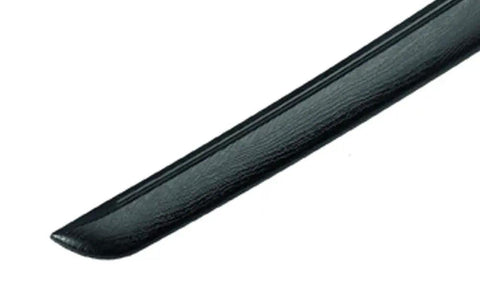 Close-up of blade tip on Beefy Ultra Durable Polypropylene Wakizashi Trainer With Light Sheath Realistic Weight And Feel Faux Woodgrain Texture
