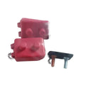Red waterproof connectors and screws for Heavy Duty 12Volt Auto Reset Stud Mount Circuit Breaker Waterproof Overcurrent Protector For Cars And Trucks Rock Solid 40A 50A Underhood Surge Protector.