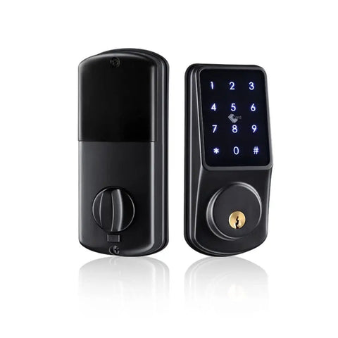 Slick Wifi Smart Door Lock Smartphone App Controlled Keyless Entry System Featuring Ic Access Cards And Backup Mechanical Key Tough Zinc Alloy Deadbolt in black finish.