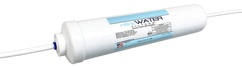 Side view of inline water filter cartridge for ice maker, white plastic body with blue label and 1/4-inch direct quick-connect fittings.