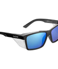 Heavy Duty Full Frame Shield Safety Glasses With Kickass Polarized Cobalt Mirror Lenses For Killer Clarity And Hella Anti Fog Anti Scratch Protection Built Tough For Outdoor Tasks And Driving, side view with black frames.