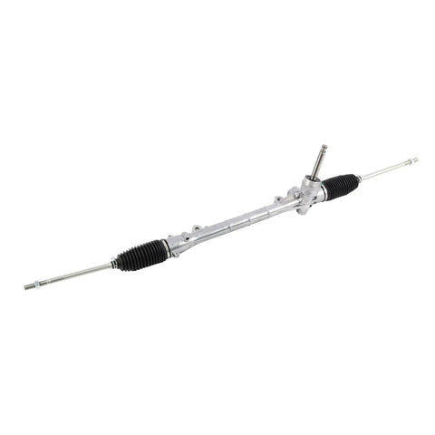 Top Tier Power Steering Rack And Pinion Compatible With Mitsubishi Outlander Models 2011 To 2020, silver metal with black rubber boots.