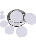 PTFE Discs Flat Round Pads Gaskets Set Of 10 White Teflon Washers Cushions Seals And Spacers, Sizes From 5 Mm To 150 Mm, Includes 60 Mm By 2 Mm Thick Disc, displayed on a metal surface.