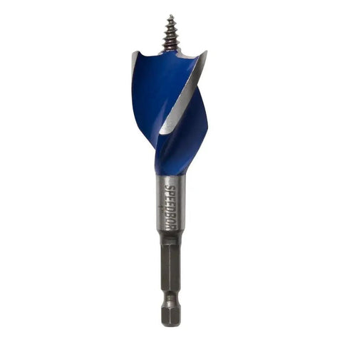 Front view of Tri Flute Wood Drill Bit With Self Feed Tip For Fast Clean Holes In Tight Spaces One Inch By Four Inch Length Holes Up To Two Inches Deep One Quarter Inch Quick Change Shank Irwin Tools Speedbor, showing blue tri-flute design.