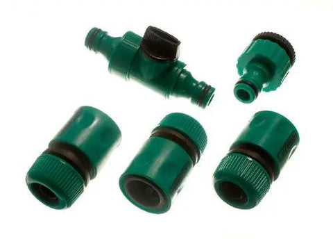 Four Pack Of Three Female Quick Fix Garden Hose Connectors With One Heavy Duty Reducer Coupler And One Quick Turn Water Shut Off Handle For Half Inch Plastic Green Lines, showing various green plastic connectors.