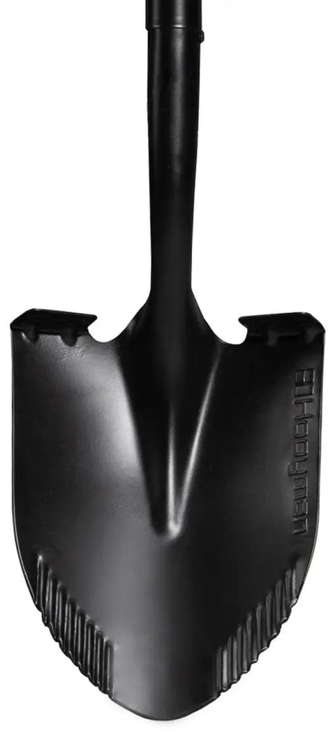 Front view of Short-Handle Digging Shovel With Heavy Duty Carbon Steel Build, showing serrated edges and ergonomic design.