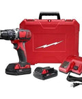 Heavy Duty 1/2 Inch Cordless Compact Hammer Drill And Driver Kit Featuring Dual Batteries For Tight Squeezes with charger and case.