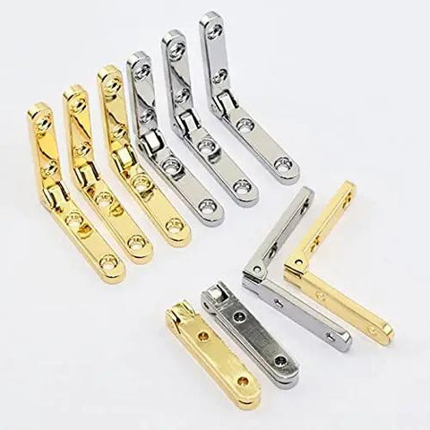 Heavy Duty 90 Degree Zinc Alloy Spring Hinges Pack Of 10 For Wooden Boxes And Jewelry Cases, gold and silver, displayed on white background