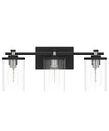 Front view of Three Light Matte Black And Brushed Nickel Bathroom Vanity Light Fixture Over Mirror with clear glass shades.