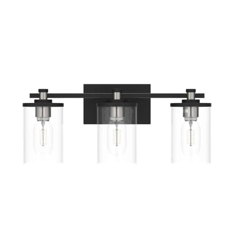 Front view of Three Light Matte Black And Brushed Nickel Bathroom Vanity Light Fixture Over Mirror with clear glass shades.