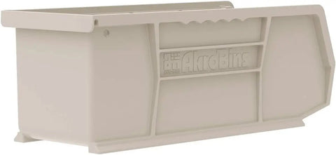 Side view of stone-colored plastic storage bins stackable organizer set for garage pantry craft room space saver 11 x 4 x 4 inches.