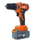Badass Little Rechargeable Drill Set With Bright LED Light Two Speed Forward Reverse Switches Make Home Jobs A Breeze Compact handheld orange drill with battery.