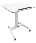 Heavy Duty Rolling Upright Desk With Adjustable Height Gas Lift And Secure Tilting Top Tray For Your Smooth Operator Home Office Or Classroom Workspace, white frame, caster wheels, square top.