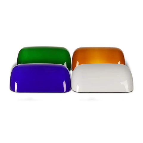 Green Glass Bankers Lamp Shade Replacement Cover for Desk, shown with blue, orange, and white variations, 8.85x5.11 inches.