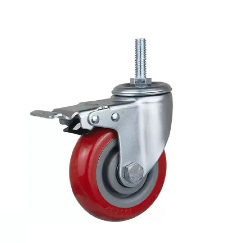 Heavy Duty M12 X 60 Bolt Casters With Silent Pu Swivel Wheels For Trolley Workbench And Scaffolding Tough As Nails Steel Base Smooth Glide Locking Brake, red polyurethane wheel with steel frame.