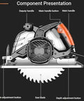 Pro Grade Electric Circular Saw With Aluminum Body For Portable Woodworking Projects Smooth High Speed Cutting Low Noise Stable Operation Slick Clean Cuts For Weekend Warriors showing component features including handles and adjustment buttons.