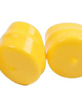 Four Pack Yellow Axle Cap Bearing Cover M143338 For John Deere Lawn Mowers And Tractors shown in close-up view.
