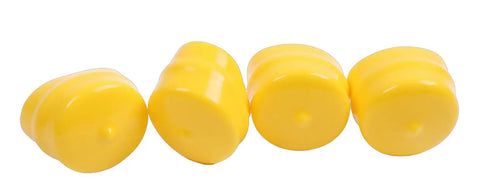 Four Pack Yellow Axle Cap Bearing Cover M143338 For John Deere Lawn Mowers And Tractors shown in close-up view.