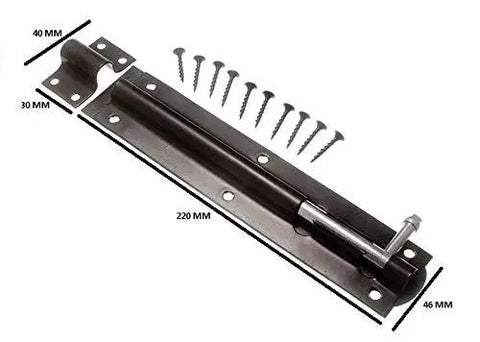 48 Pack 8 Inch Black Steel Tower Bolt Gate Latch Heavy Duty Surface Mount Security Lock For Doors Windows Built Like A Tank With Smooth Operation Japanned Finish Quick Install Hardware Upgrade showing the latch and screws.