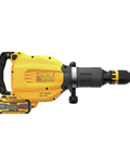 High Power 60V Brushless Cordless Chipping Hammer With SDS Max Chuck; yellow color, side view with battery attached.