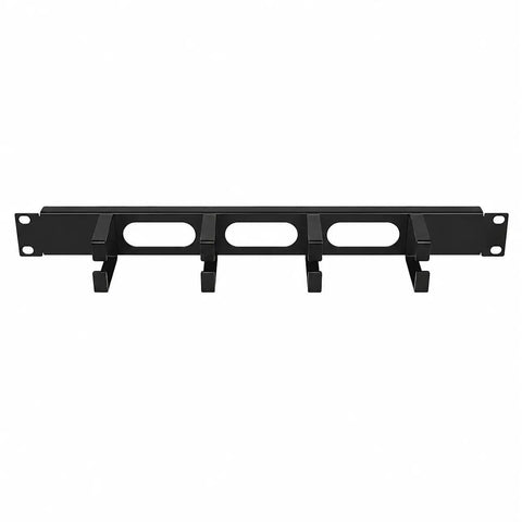1U 19 Inch Server Rack Cable Management Panel Heavy Duty Steel Horizontal Patch Cord Organizer With Four Ring Pass Through Design black view with four cable management rings.