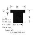 Diagram of Rubber Well Nut dimensions, M5 thread specifications with measurements for A, B, C, and D.