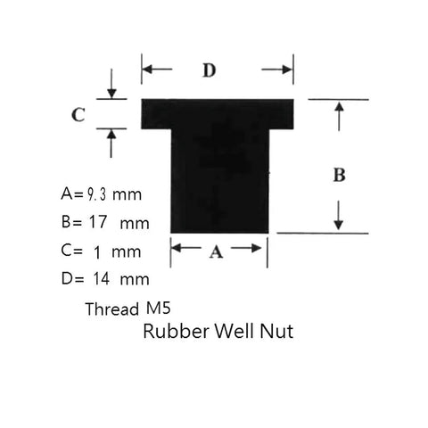 Diagram of Rubber Well Nut dimensions, M5 thread specifications with measurements for A, B, C, and D.