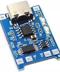 Close-up of Plug And Go Tp4056 Lithium Battery Charger Board With Type C Usb 5V 1A Input and Thermal Cutoff Protection for 3.7V Cells.