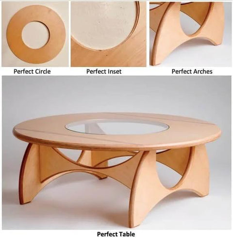 Wooden table with circular glass inset and arch design, highlighting perfect circle cut achieved with Circle Cutter Jig For Routers.