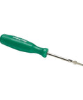Green handled screwdriver with flathead tip, isolated on white background.
