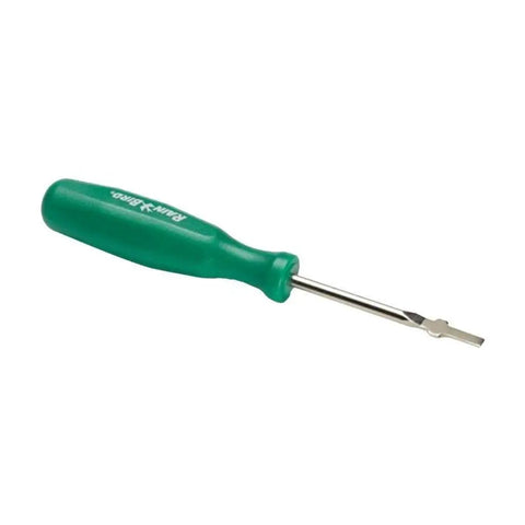 Green handled screwdriver with flathead tip, isolated on white background.