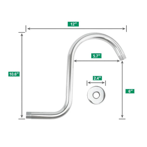 Goose Neck Shower Arm Extension in Stainless Steel with Brushed Nickel Finish, shown with dimensions, includes flange and gasket