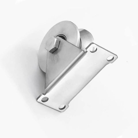Front view of 3In V Groove Wheel Stainless Steel Heavy Duty Beefy Caster For V Track Rail And Sliding Gates with V shaped plate.