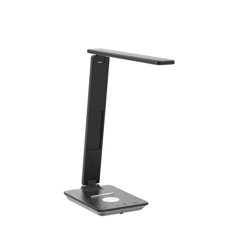 LED Desk Lamp With Wireless Charger And USB Port, Smart Table Light With Clock Alarm Date And Temperature, Gray Office Desk Lamp, side view
