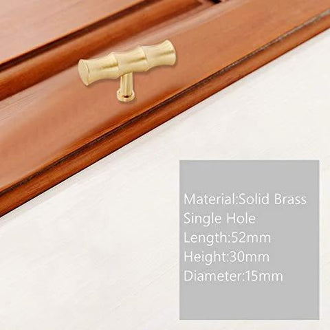 Bamboo Brass Kitchen Cabinet Knobs 52mm Long 30mm High TBar Pull Handles in Brushed Gold Installed on Wooden Cabinet