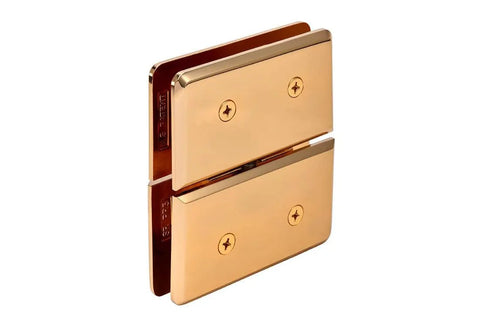 Gold Plated Glass To Glass Mount Hinge With Top And Bottom Mount Design For Half Inch Tempered Glass, monolithic build, side view