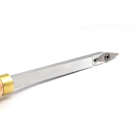 YUFUTOL carbide woodturning tool mini size with comfort grip handle; side view showing carbide cutting tip.