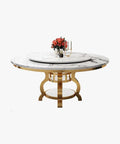 Kickback Ready Round Marble Dining Table Built For Epic Weekend Hangouts Featuring A Smooth White Spinning Lazy Susan And Bold Gold Stainless Steel Base Stretching Fifty Nine Inches Wide with floral centerpiece.