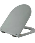 Modern Gray D Shaped Toilet Seat Featuring Soft Close Lids And No Fuss Quick Release Design Fits Standard Oval Pans, open view.