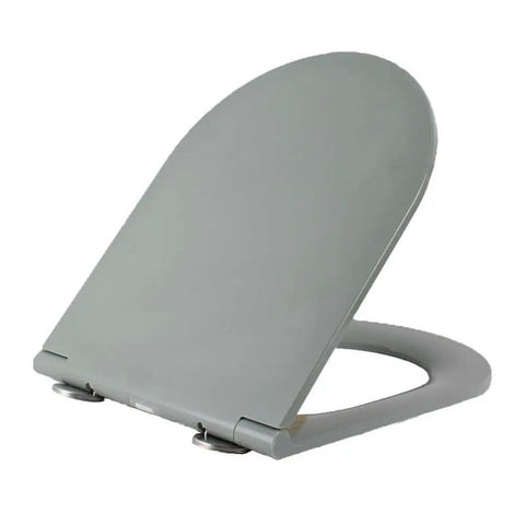 Modern Gray D Shaped Toilet Seat Featuring Soft Close Lids And No Fuss Quick Release Design Fits Standard Oval Pans, open view.